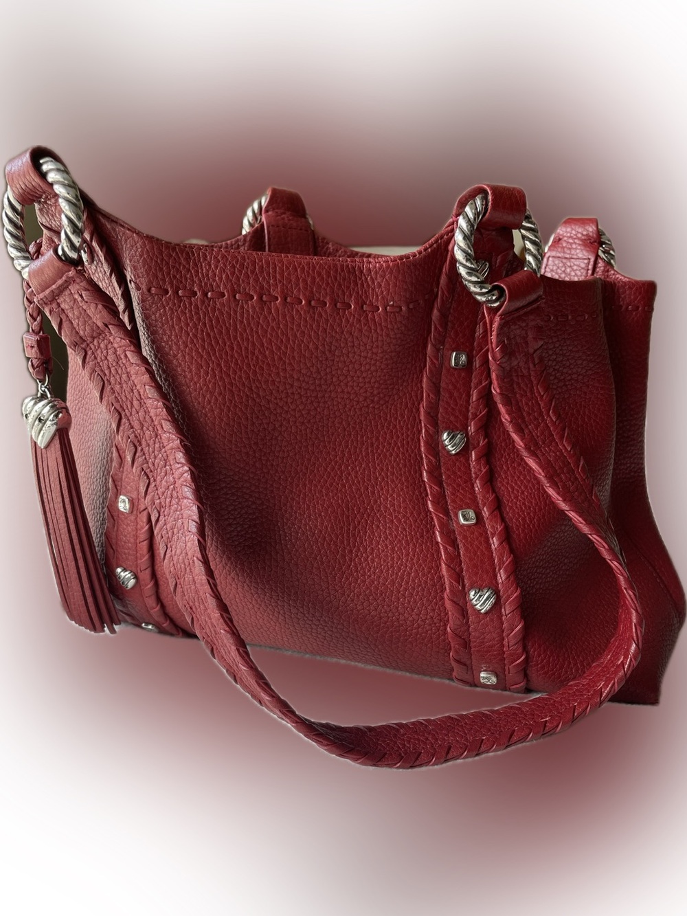 Brighton Red Pebbled Leather Shoulder Bag with Braided Straps